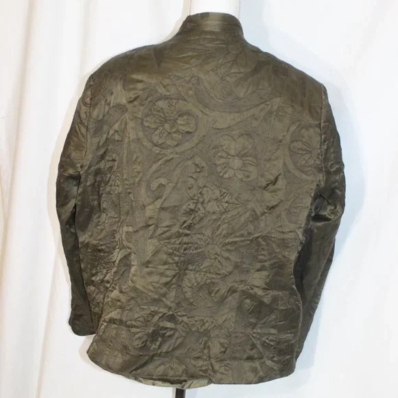 COLDWATER CREEK Olive Green Quilted Jacket Size Large Button Front Oriental L/S - Picture 3 of 13